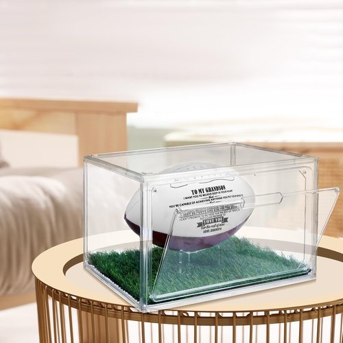 Suzile 2 Sets Acrylic Football Display Case Clear Football Storage Box with Magnetic Door Football Showcase with Artificial Grass Pad and Removable Display Stand Football Holder for Sport Lover