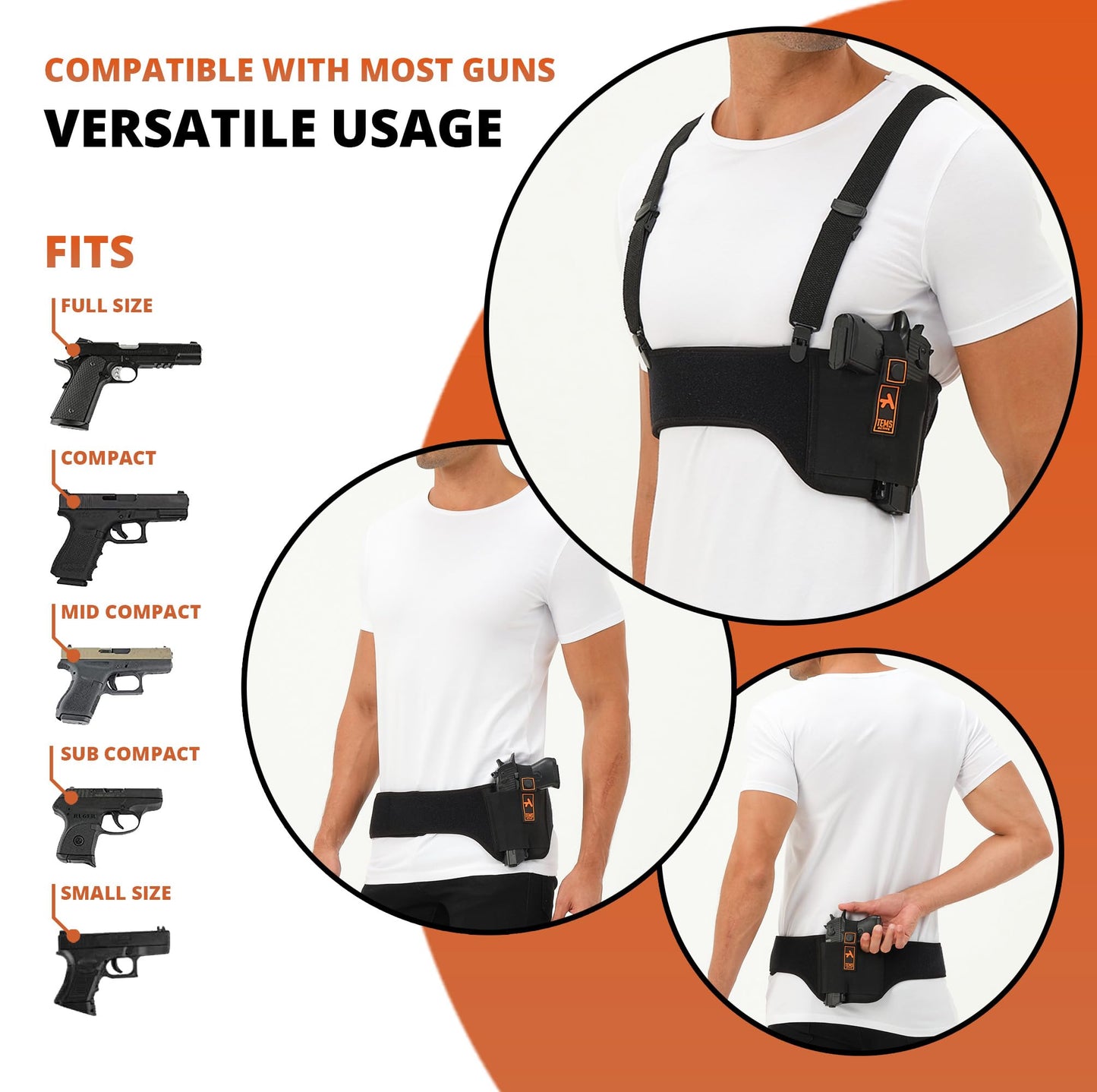 Tems Active Shoulder Holster for Concealed Carry – Concealed Chest Holster, Universal Gun Holster for Men & Women Fits Glock, S&W, Sig and Most Pistols (45“ (Fits Bust/Belly Sizes up to 42"), Right)
