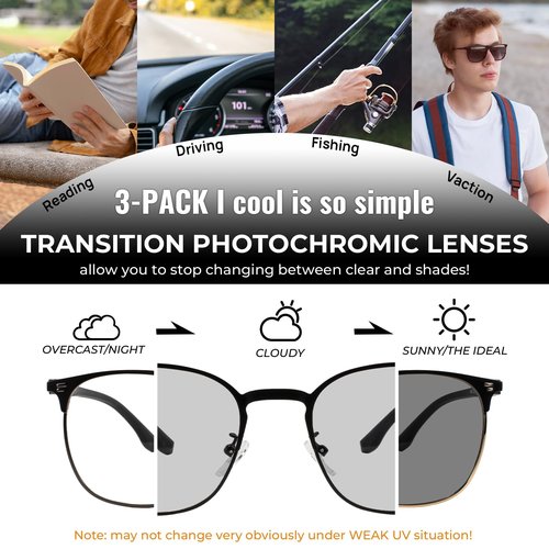 MARE AZZURO 3 Pack Photochromic Sunglasses Men Fashion Metal Blue Light Blocking Glasses Cool Sun Shades UV400 Protection