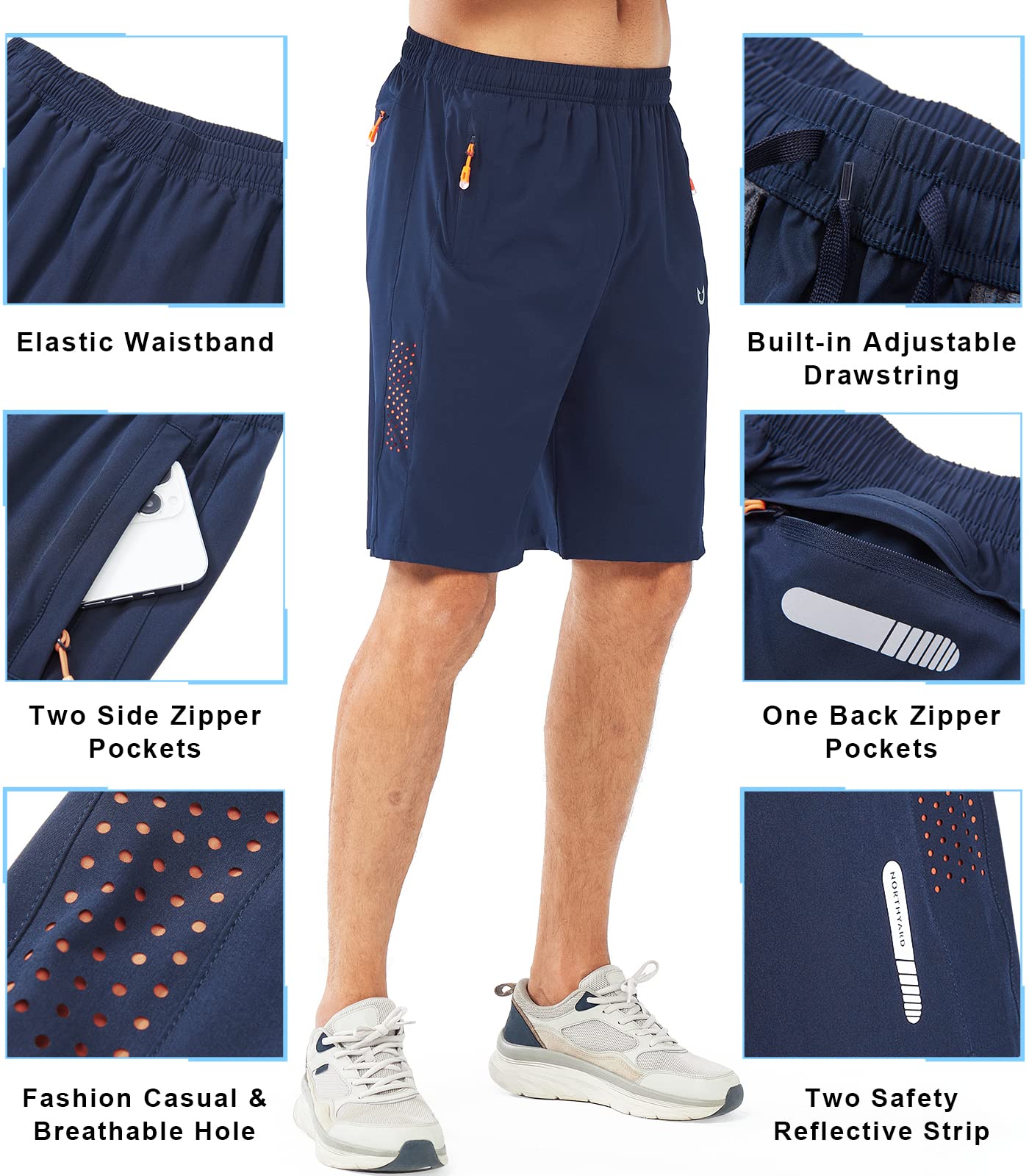 NORTHYARD Men's Athletic Running Shorts Gym Workout 7"/9"/5" Quick Dry Lightweight Sports Basketball Tennis 3 Zipper Pockets NAVY-9inch M