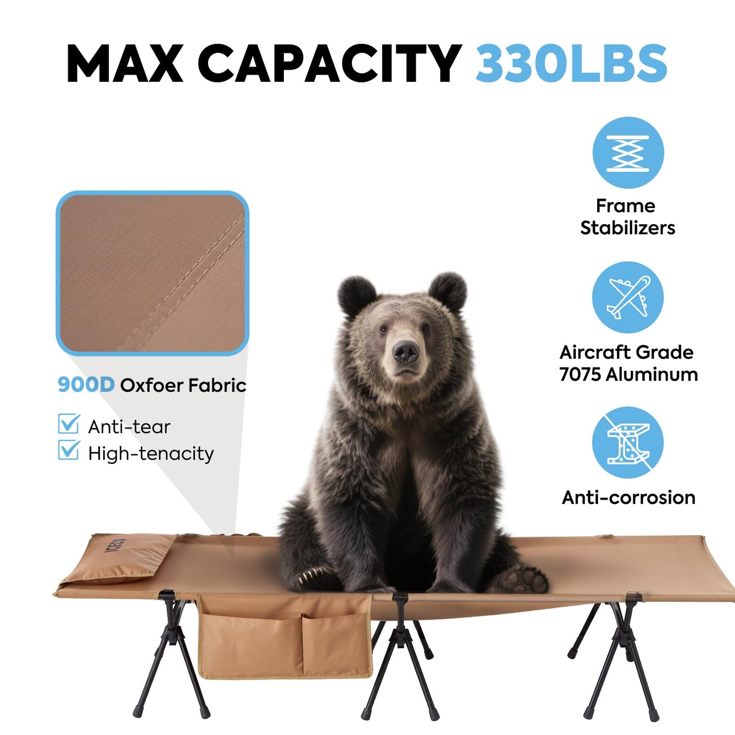 ICECO Camping Cots for Adults, Height Adjustable with Cot Leg Extenders, Strong Support 330lbs, 900D Oxford Fabric, Ultralight Comfortable, Sleeping Bed for Camping, Hiking, Beach, Home (L-Khaki)