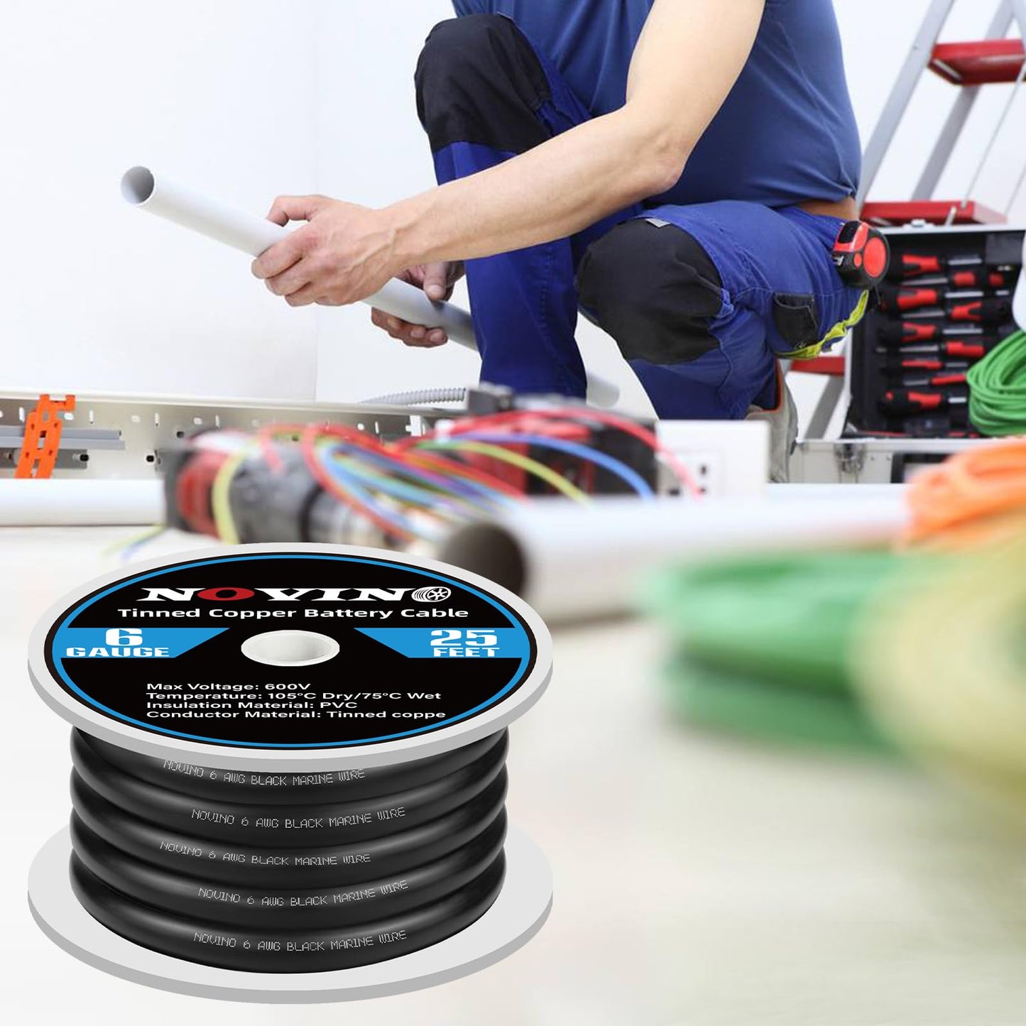6 Gauge Marine Battery Cable,600V 6 AWG 25ft Tinned Copper Battery Cable for Boat Wiring Marine Automotive RV Camper Trailer Car Truck Motorcycle Kubota Tractor