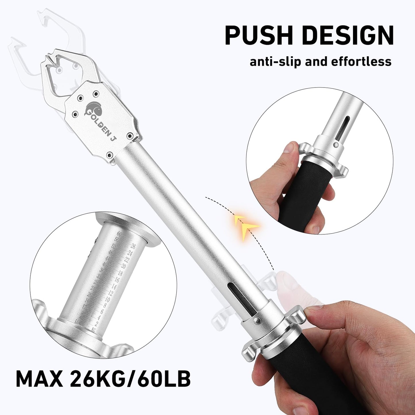 GOLDEN J 16" Fish Lip Gripper - Heavy-Duty & Saltwater Proof, Aircraft-Grade Aluminum Alloy, 60LB Capacity, Non-Slip 360° TPR Swivel Handle & Anti-Escape Push Rod, for Surf, Ice, Fresh/Saltwater