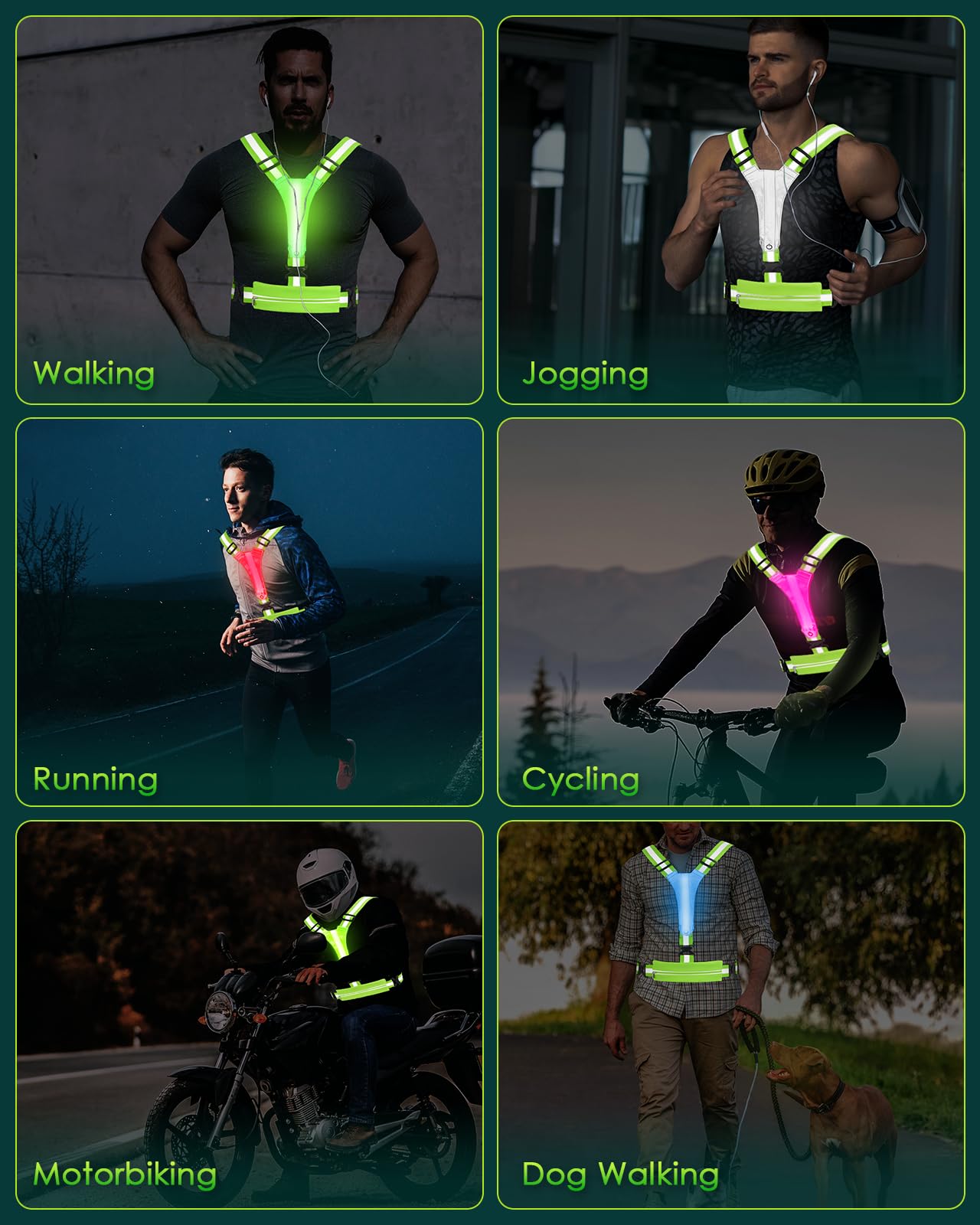 Fitense LED Reflective Running Vest with Phone Holder, 5 Colors Light Up Running Vest Rechargeable Running Lights for Runners High Visibility Reflective Running Gear, Adjustable for Men and Women