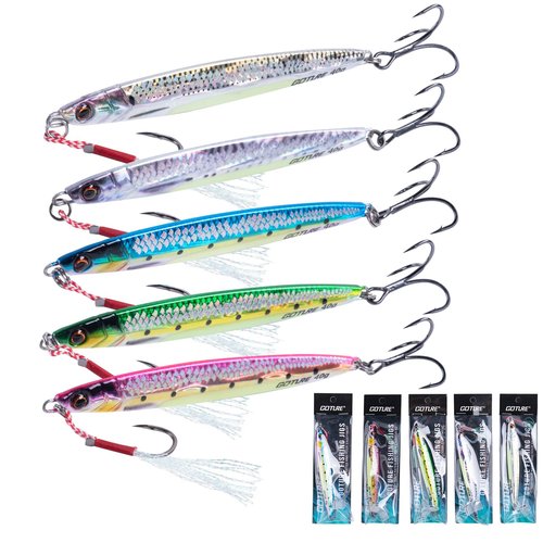 Goture Vertical Jig Lures, Saltwater and Freshwater, 40-80g with Assist & Treble Hooks, 5PCS Fishing Jigging Spoons, Fast Fall for Tuna, Salmon, Bass