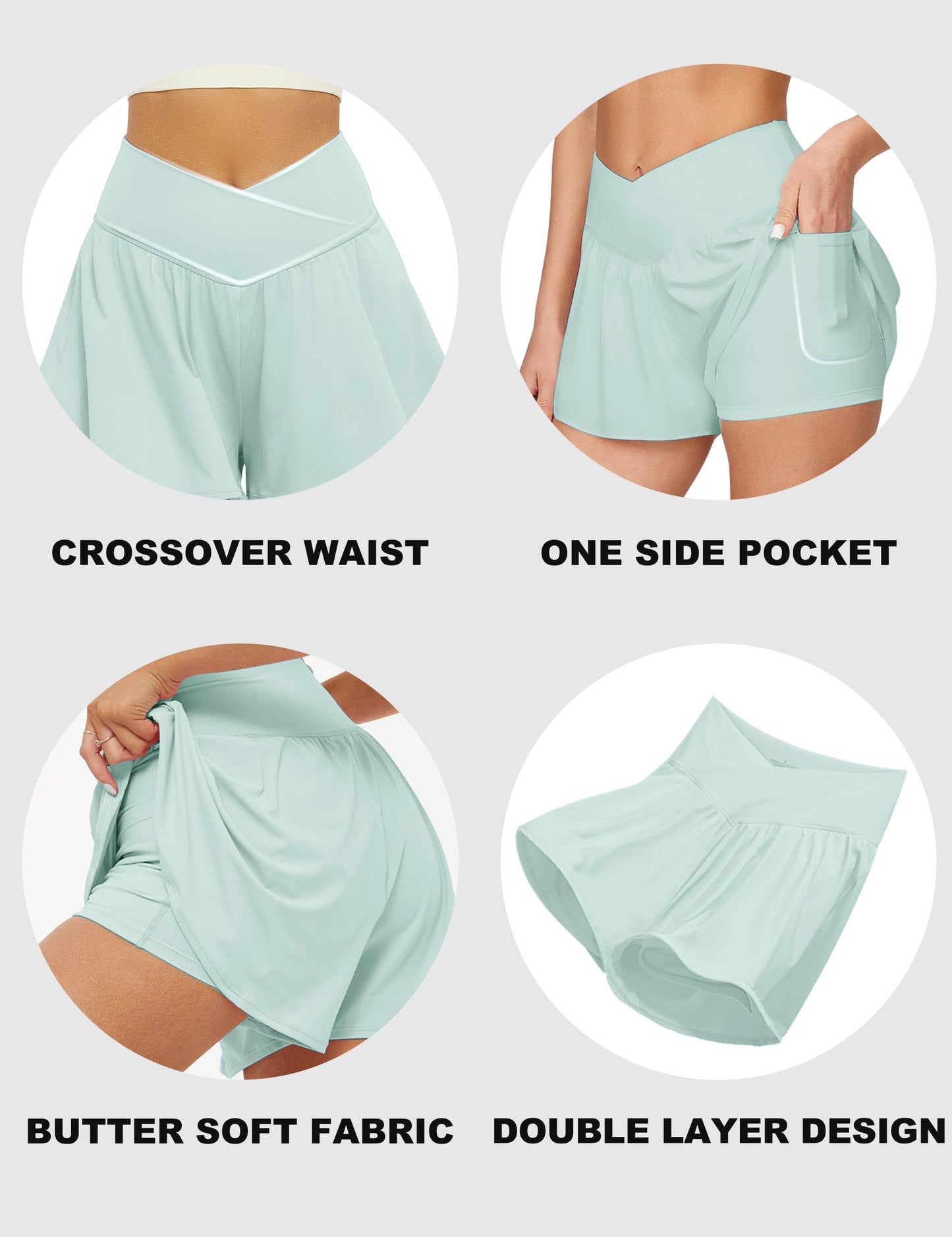 FireSwan Crossover Athletic Shorts for Women 2 in 1 Flowy Running Shorts with Pockets Spandex Butterfly Workout Tennis Skorts Light Green