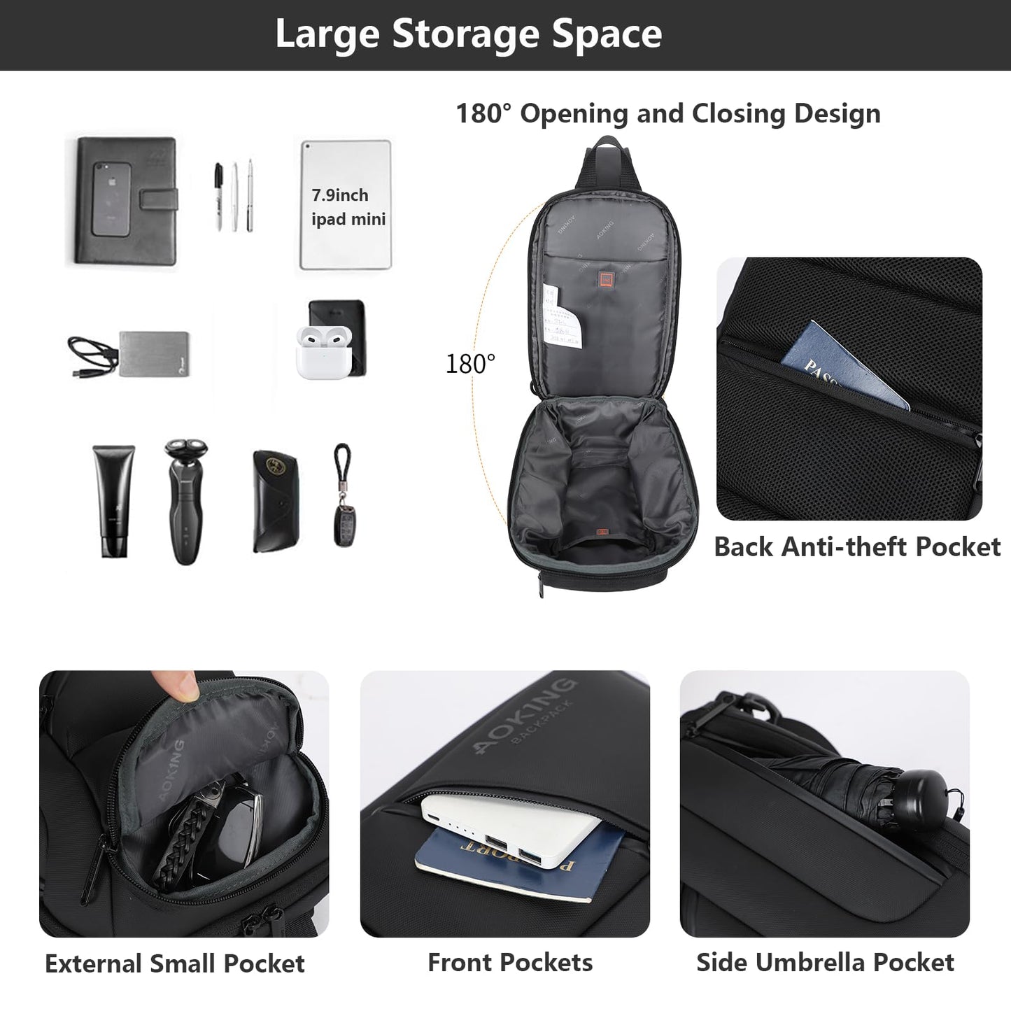 AOKING Mens Sling Bag, Waterproof Cross Body Bag Men's Shoulder Bags Crossbody Sling Backpack, Lightweight One Strap Backpack(8.3x4.7x14.2inches)