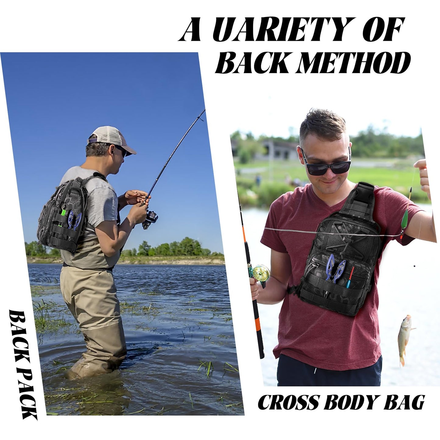 Fishing Backpack Fishing Tackle Storage Bag Fishing Gear with Rod Holder Small Sling Backpack for Outdoor Fish,Hiking,Travel,Hunting (E-Camouflage Black)