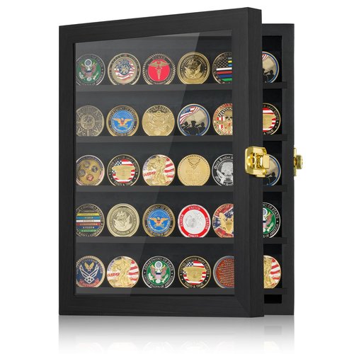 Military Challenge Coin Display Case 11x14IN, Medal Shadow Box with HD Acrylic Glass, Removable 2 Groove Shelves, Wall Mount Coin Collection Holder for Casino Poker Chips Exquisite Souvenirs