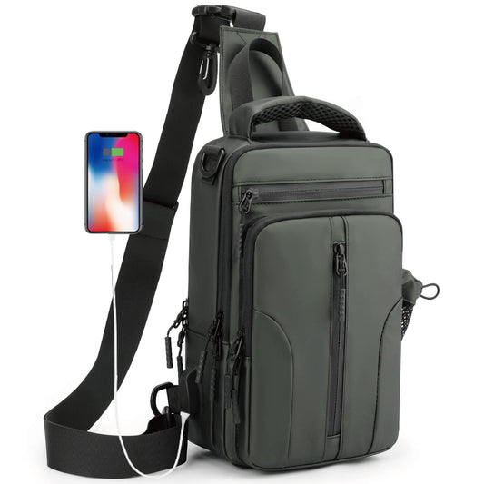 Anti Theft Crossbody Backpack Shoulder Sling Bag for Men Women Lightweight One Strap Motorcycle Messenger Bag Daypack for Cycling Hiking Walking Outdoor Sports Travel with USB Charger Port Army Green