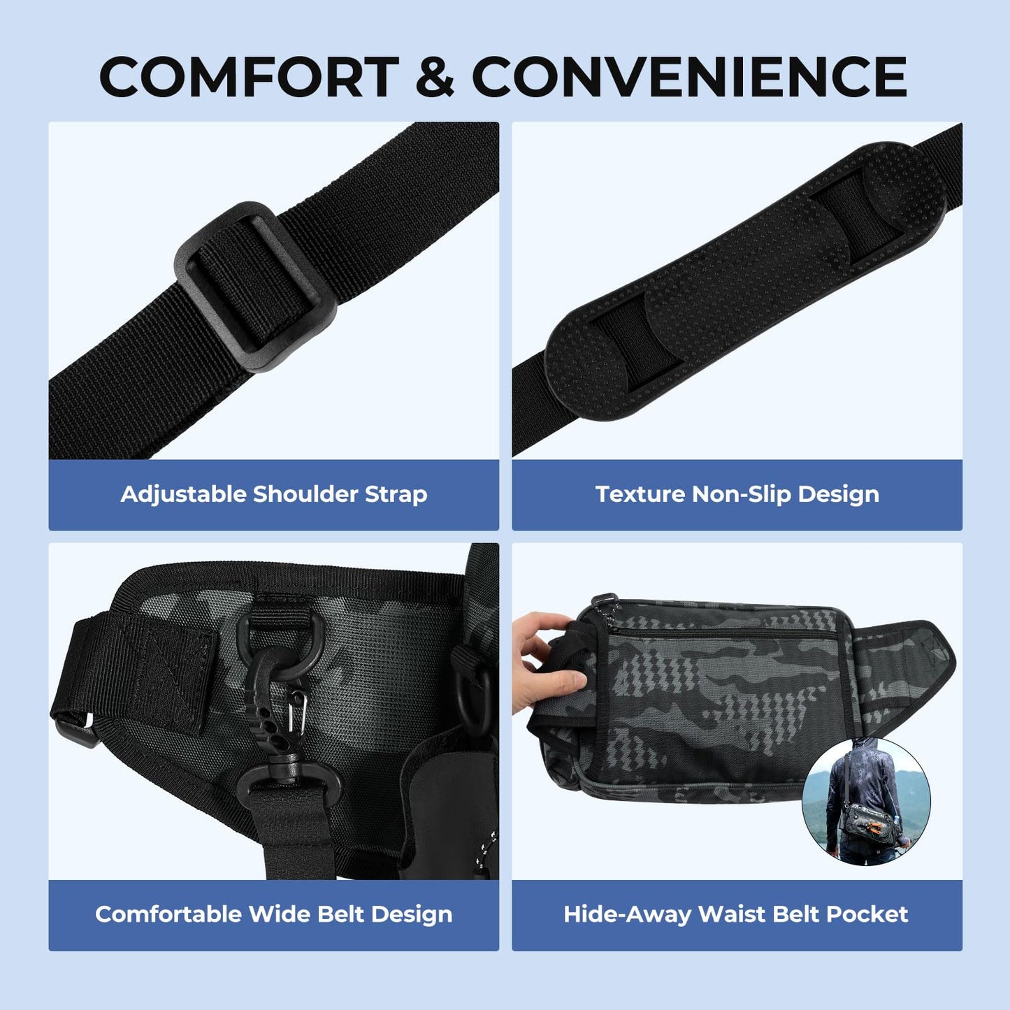 KastKing BaitSpace Waist Bag – Waterproof Tackle Storage Bag With Adjustable Belt, Fishing Fanny Pack for Men, Soft Bait Organizer, 3600 Utility Box, Rod Holder, Nylon, Black Camo