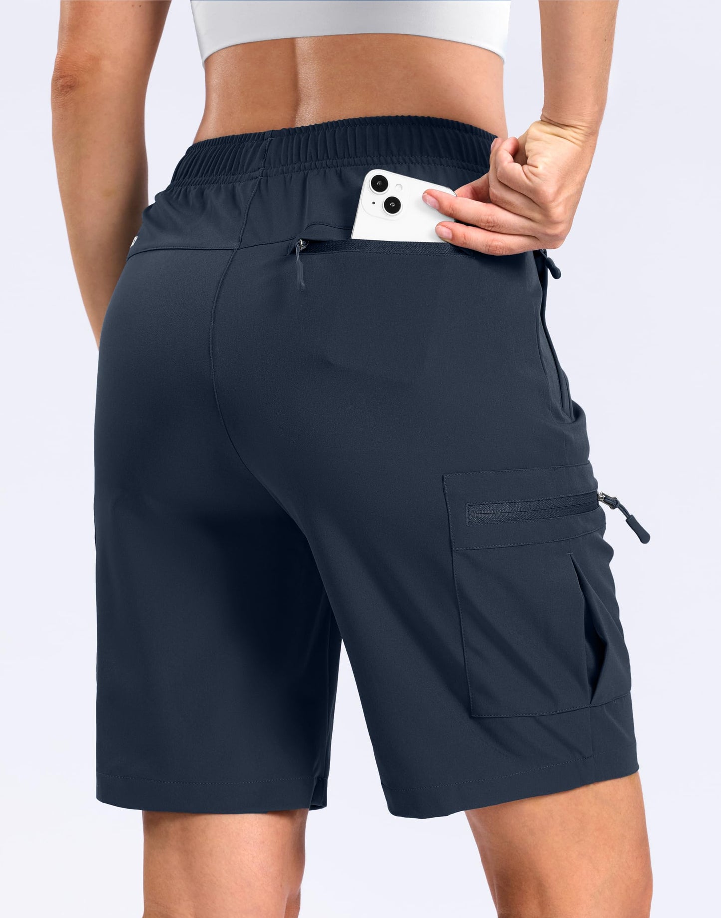 SANTINY Women's 7"/9" Lightweight Hiking Cargo Shorts with 5 Zipper Pockets Quick Dry Summer Long Travel Golf Short for Women (Navy_L)