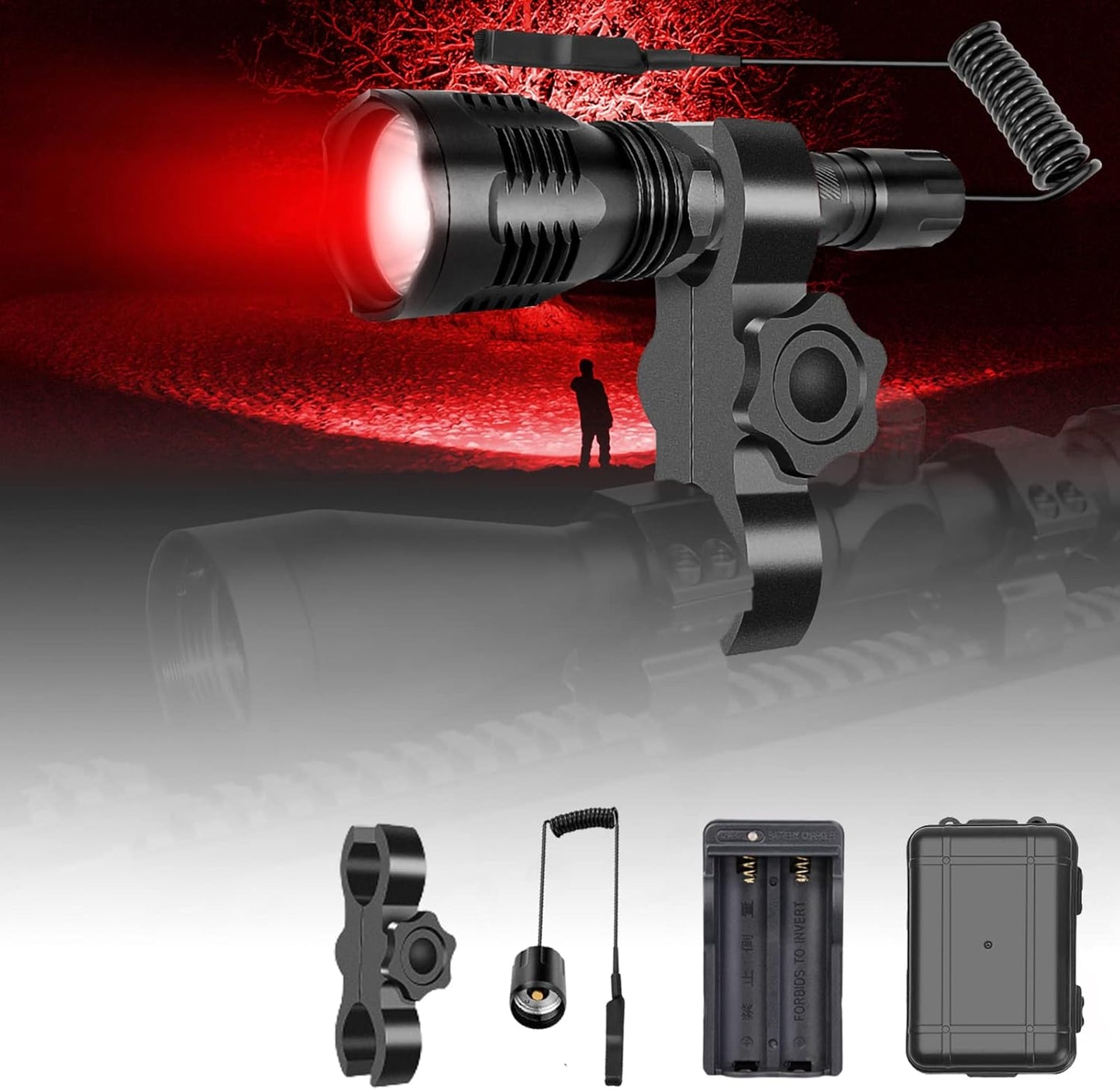 WINDFIRE WF802 Red Hunting Light Tactical Flashlight 350 Lumens 250 Yards LED Coyote Hog Fox Predator Varmint Flashlights with Remote Pressure Switch & Scope/Bike Mount Holder
