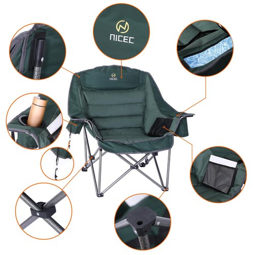 Nice C Camping Chairs, Oversized XL Padded Camping Chair, Outdoor Chair, Camp Chair, Lounge Chair, Wide&Thick, Heavy Duty 400lb, Carry Bag, Cupholder & Cooler (One Green)