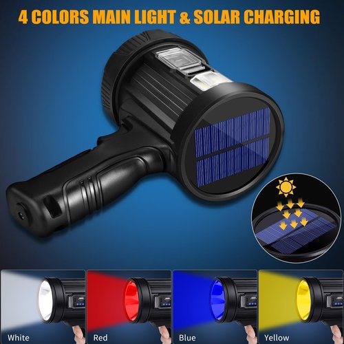 Rechargeable Spotlight, 99000 Lumens Bright LED Spotlight Flashlight, Long Running Spot Light Searchlight, Outdoor Handheld Spotlights with Solar Panels for Hunting,Camping,Boat,6 Spotlight Modes