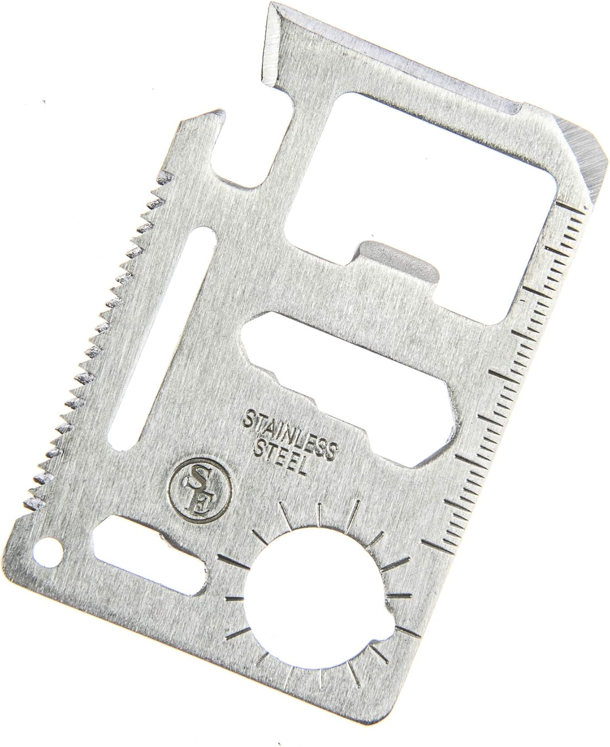 SE 11-Function Stainless Steel Survival Pocket Tool - Compact, Credit Card-Sized Multi-Tool with Leatherette Case - Ideal for Camping, Hiking, and Outdoor Activities- MT908-1
