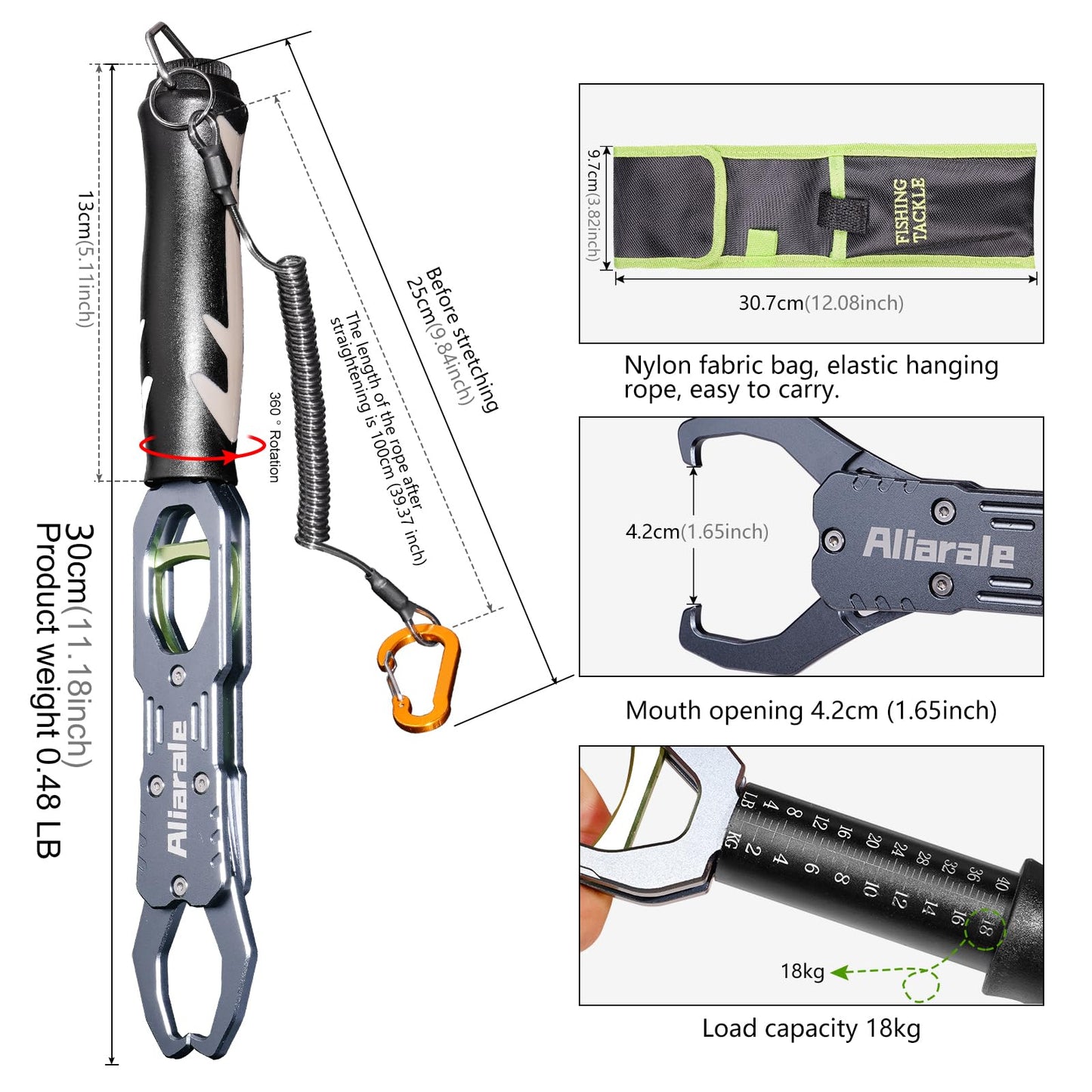 Fish Lip Gripper Fish Scales Professional Fish Holder Aluminium Alloy Material Grabber 40 Pound Fish Lip Grip Tool with Weight Scale and 360 Degree Rotation,Fish Grabber Clip Fish Control Tackle