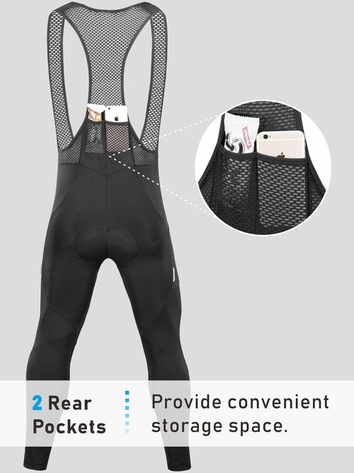 qualidyne Men's Winter Cycling Bib Pants 4D Padded Thermal Water Resistant Bike Tights Cold Weather Warm Pockets