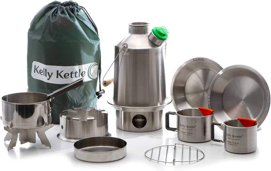Kelly Kettle® Ultimate 'Scout' Kit VALUE DEAL | 41oz Steel Camp Kettle, Cook Set, Hobo Stove, Cups, Plates, Base Support | Use Sticks to Boil & Cook Fast | Camping, Fishing, Picnics, Emergencies