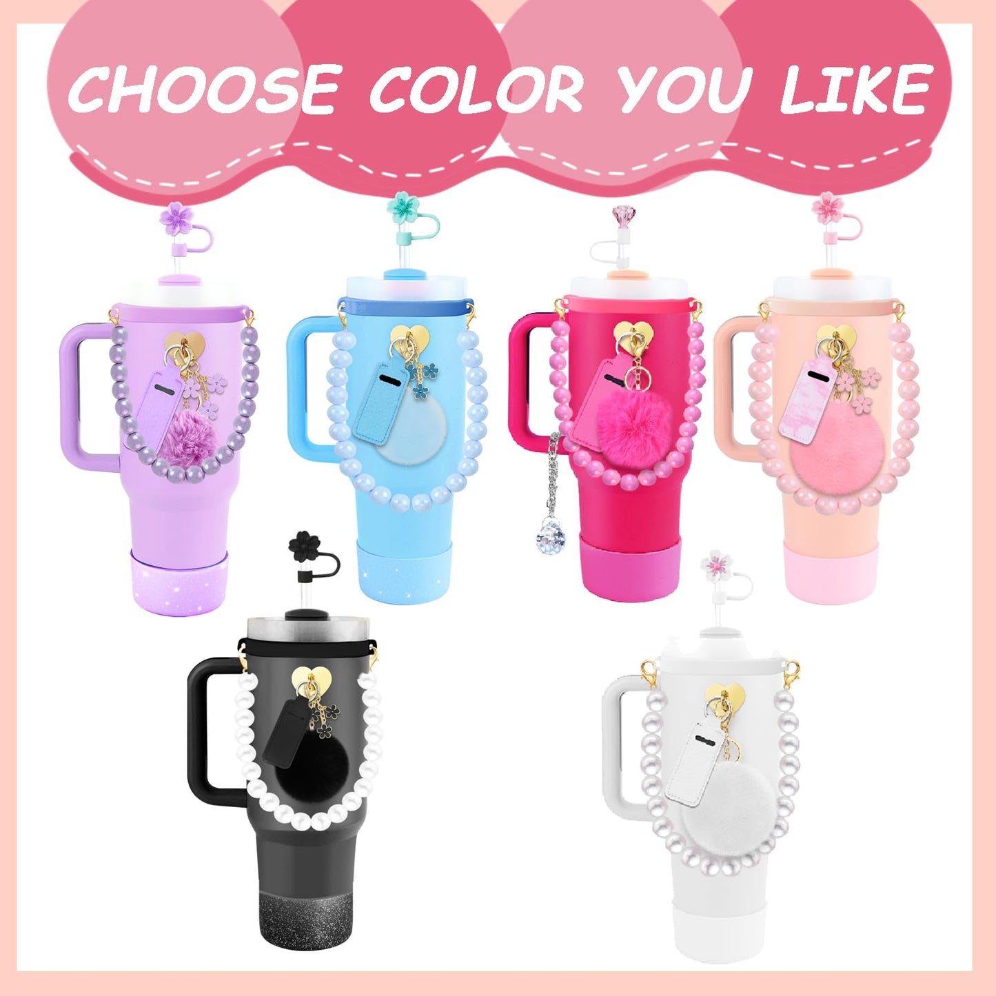 Accessories Set for Stanley Cup All Water Bottle Holder Strap Straw Cover Cap for Stanley Cup Charms Boot Diamond Hot Pink Tumbler 30oz 40oz Accessories Cute Silicone Straw Topper Charms Boot