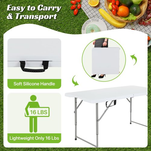 GINMAON 4Ft Foldable Table Adjustable Height with Built-in Handle, 4 Foot Heavy Duty Portable Folding Table with Steel Legs for Indoor Outdoor Camping, Parties, Wedding, Picnic, Catering (4ft, White)