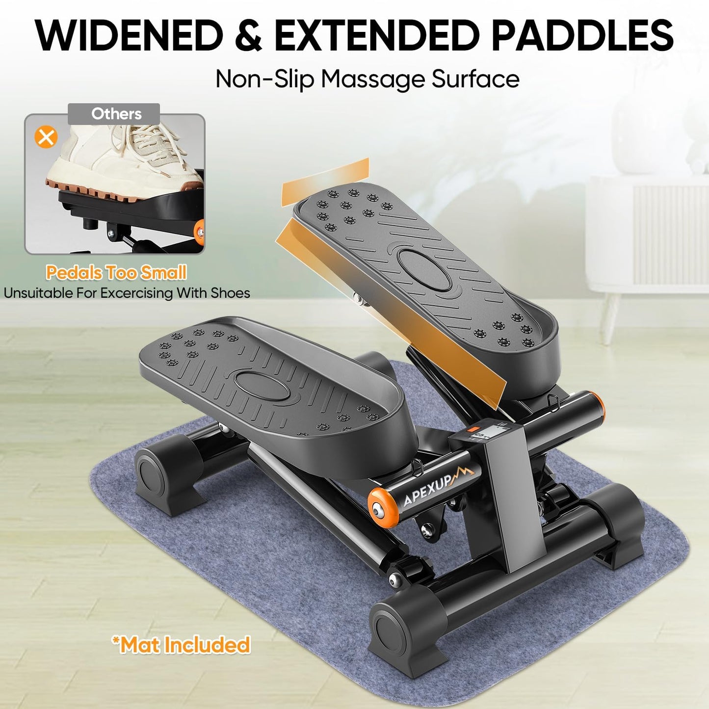 APEXUP Steppers for Exercise at Home, Stair Stepper with Resistance Bands and Mat, 330LBS Loading Capacity Mini Stepper with LCD Monitor for Full Body Workout Cardio