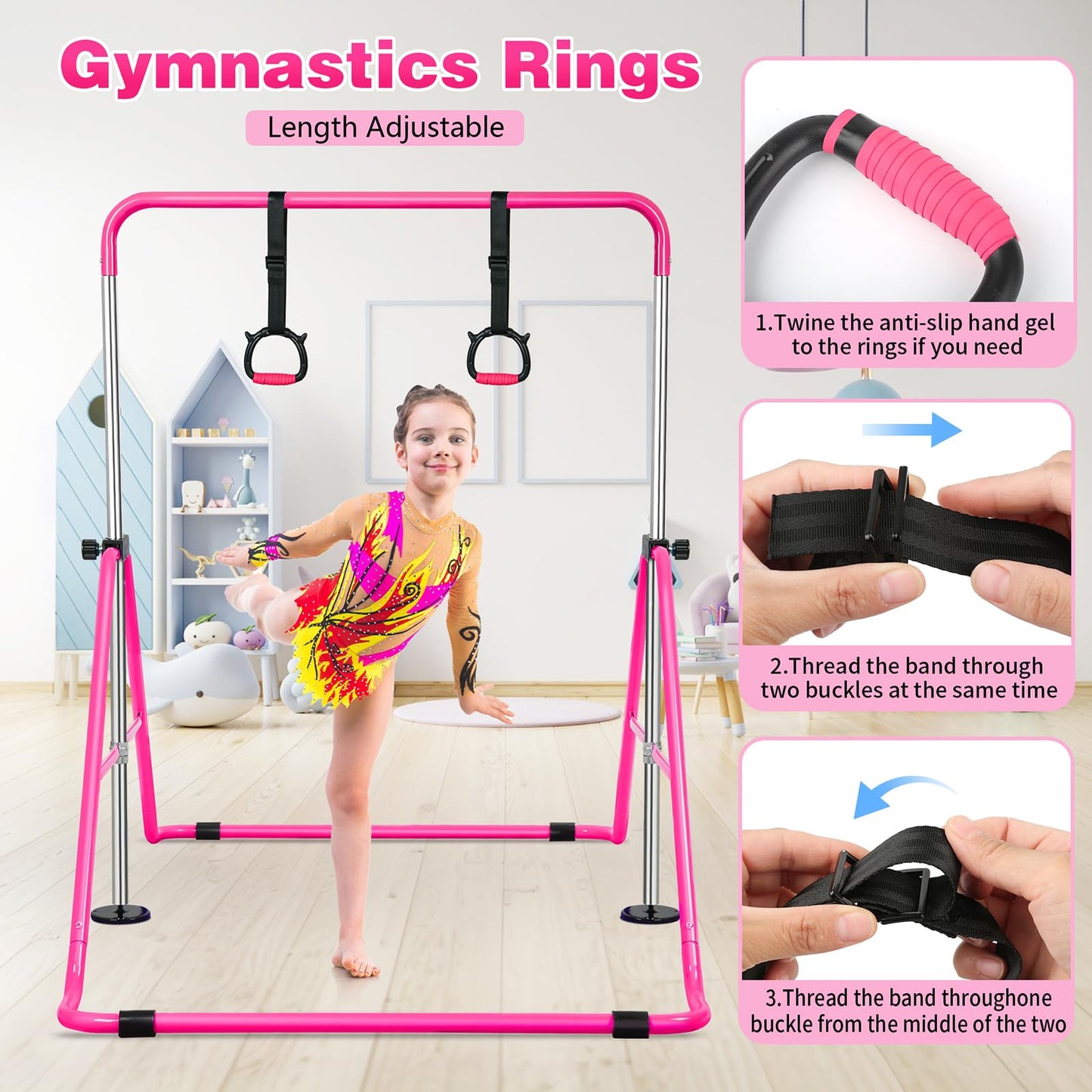Bighaki808 Gymnastics Bars Kids Training Bars for Home, Folding Horizontal Bars with Adjustable Height Expandable Gymnastics Equipment Junior Kip Bar for Girls & Boys (Pink)