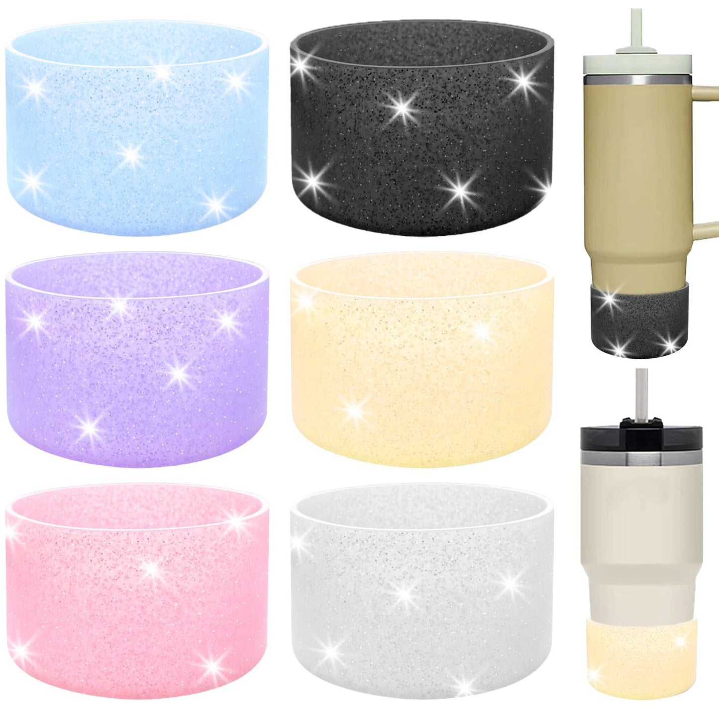 6 PCS Protective Glitter Silicone Boot, Bling Anti Slip Bottom Cover Bumper Cover Glitter Reduces Dents Sleeve, with All Water Bottles with Bottom Width of 2.85-3.56in Tumblers & Water Glasses
