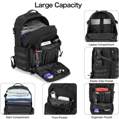 Tzowla Tactical Military Grade Backpack Waterproof,Travel Laptop Army Molle Rucksack for Men and Women with Small Detachable Bag,Army 3 Days Assault Pack Bag,Black