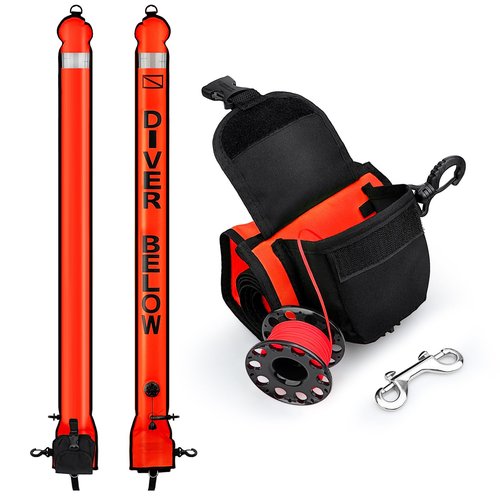 Surface Marker Buoy Scuba with Reel, 5ft High Visibility Diving Open Bottom Signal Tube Safety Sausage with Pouch Bag, 100ft ABS Dive Reel and Steel Double-Ended Bolt Snap (Hi-Vi Red)