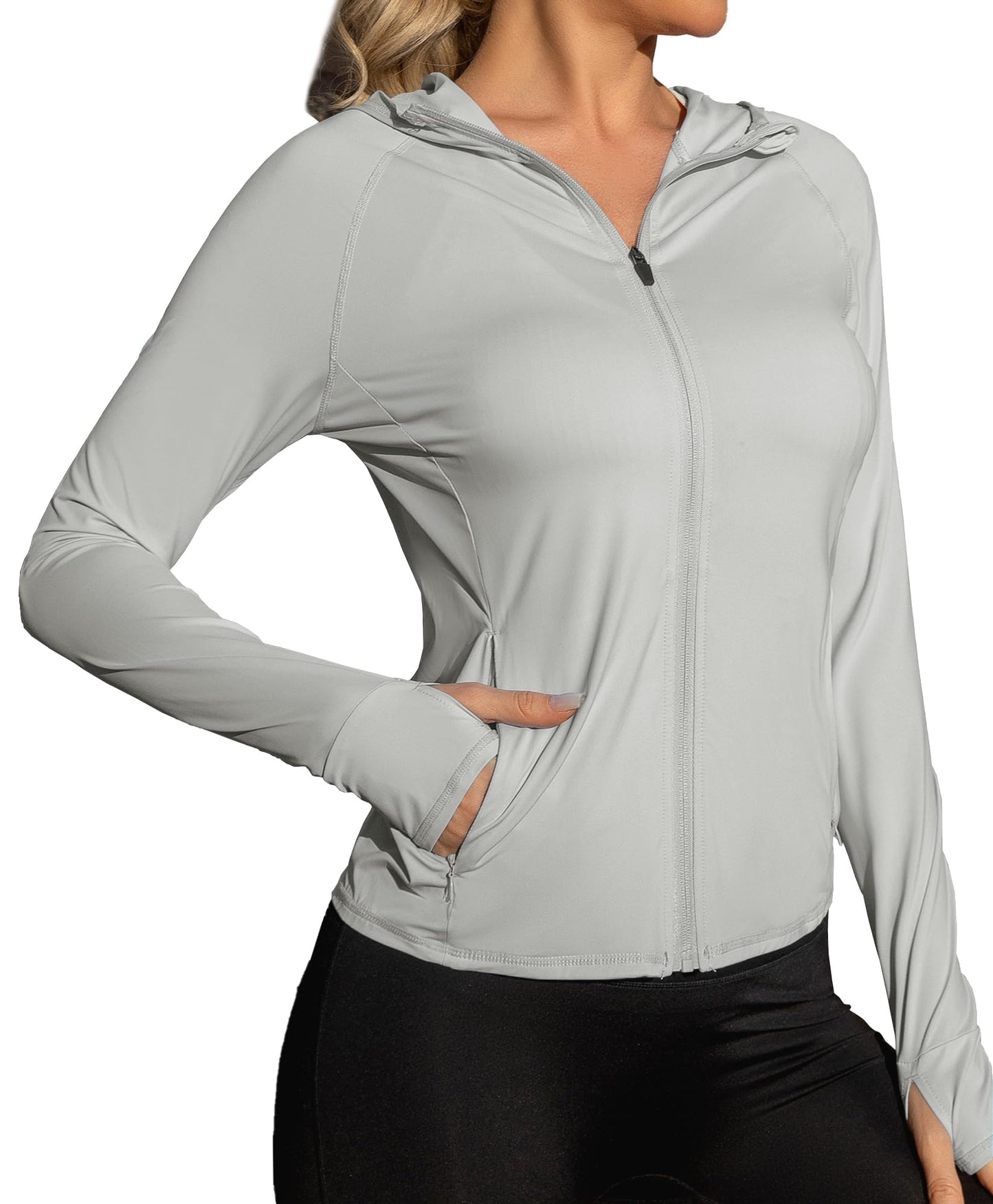 We1Fit Women's Athletic Hoodie Sun Protection Jacket Long Sleeve Sun Shirts Grey