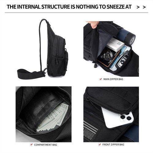 Laoyemen Tactical Sling Bag with Flag Patch, Adjustable Crossbody Bag for Hiking, Camping & Traveling,Shoulder Backpack with Molle System (Black)