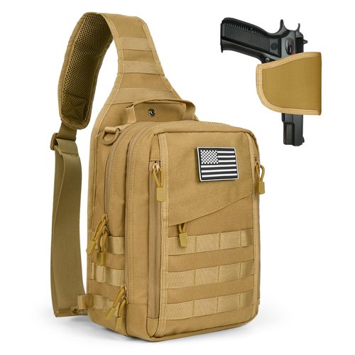 HAOMUK Tactical Sling Bag Backpack for Men with Pistol Holster Military Shoulder Crossbody Bag for Concealed Carry - Khaki