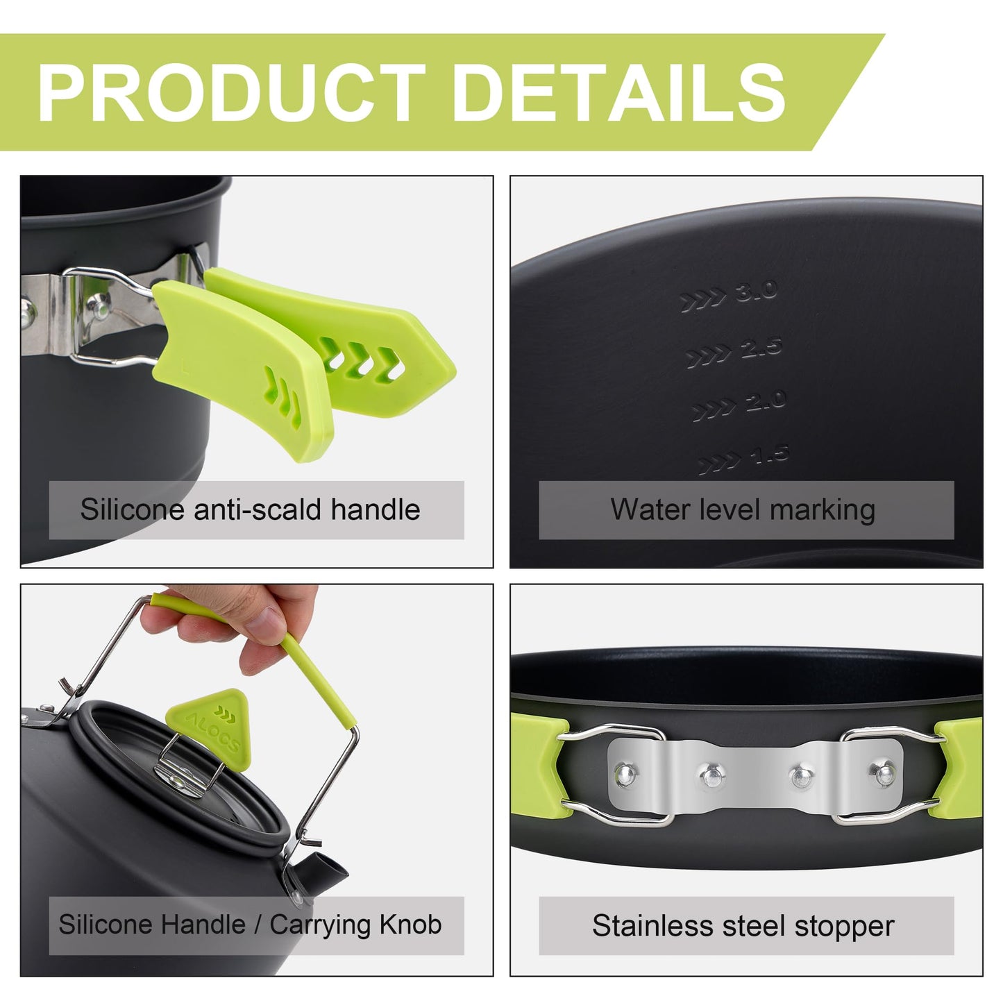 Alocs Camping Cookware, Non-Stick Large Camping Cooking Set with Kettle, Camp Kitchen Camper Must Haves for Outdoor Camping Hiking Picnic