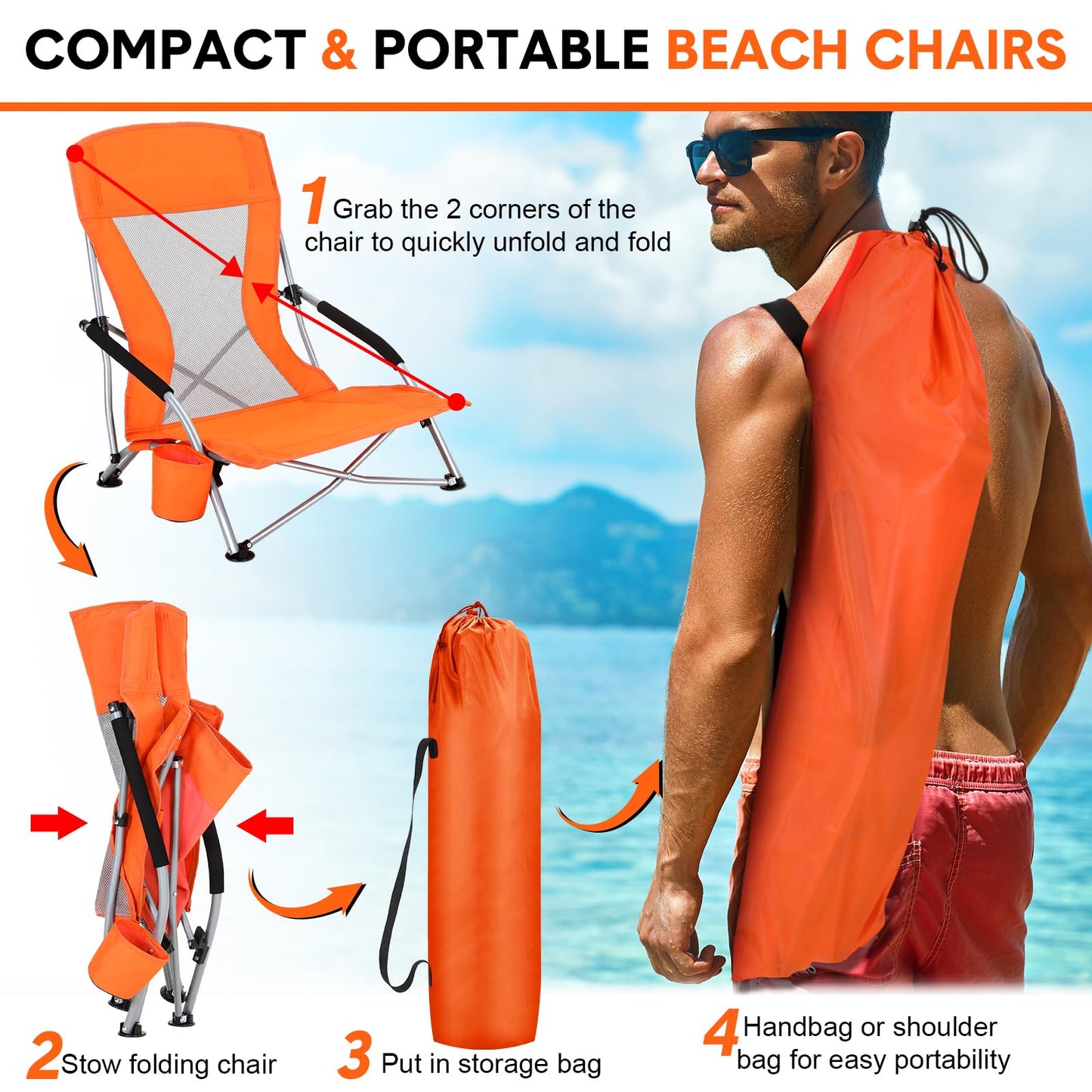 FillTouch 6 Packs Low Beach Chairs Portable Folding Beach Chairs for Adults with Cup Holder Carry Bag Low Back Camping Chair Lightweight Folding Lawn Chairs for Outdoor Sand Travel Concert (Orange)