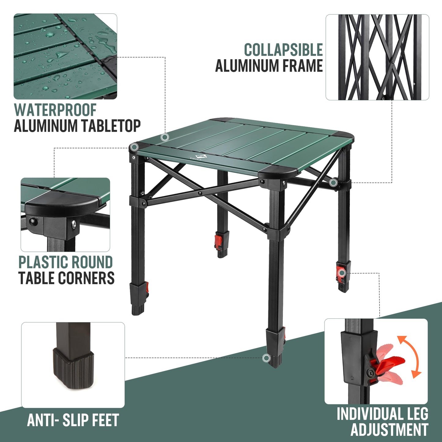 VILLEY Folding Camping Square Table with Carry Bag, Lightweight Aluminum Adjustable Square Table for Outdoor, Camping, Picnic, Backyards, BBQ (L)
