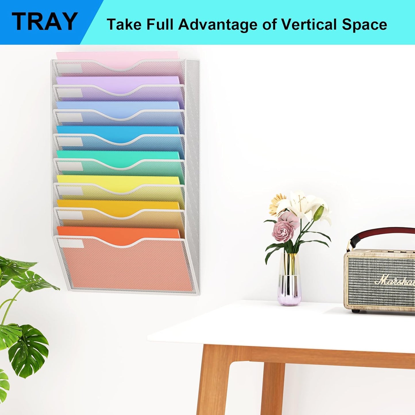 5 Pockets Mesh Hanging Wall File Holder Organizer Wall Mounted Paper Magazine Rack, Black