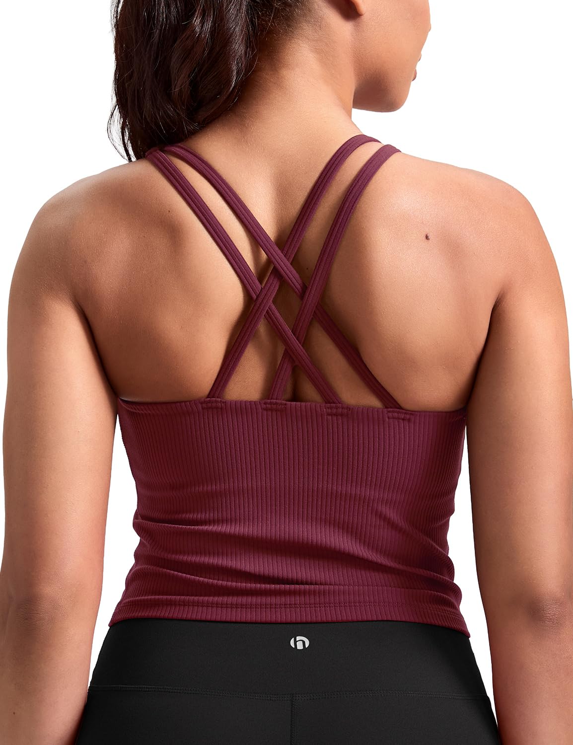 HeyNuts Zeal Longline Ribbed Sports Bras for Women, Medium Impact Wirefree Yoga Tank Tops Criss Cross Back Crop Tops Workout Bras Cassis XL