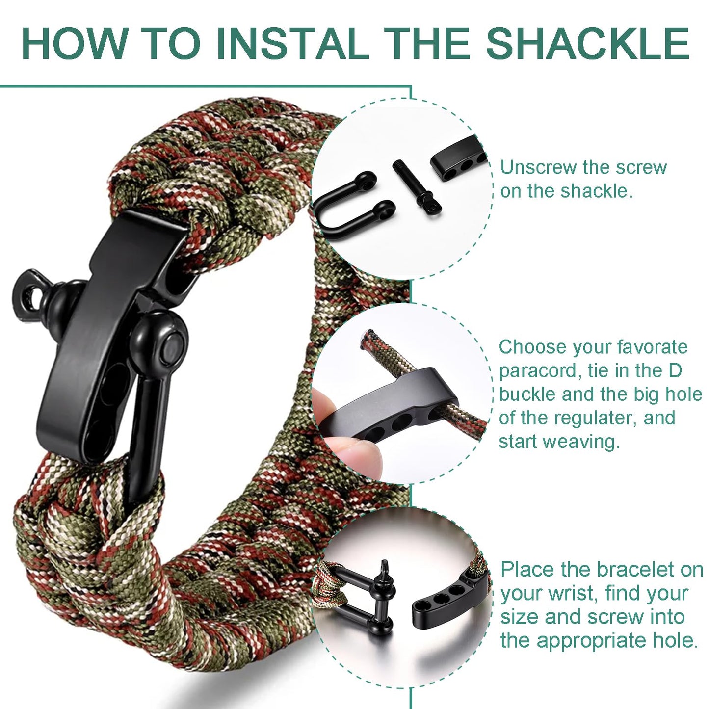 4pcs Paracord Bracelet Shackle Buckle, Metal Survival Bracelet Bow Anchor + D Ring Shackle Clasp Adjustable Screw Pin M5 for Camping, Paracord Watch Band