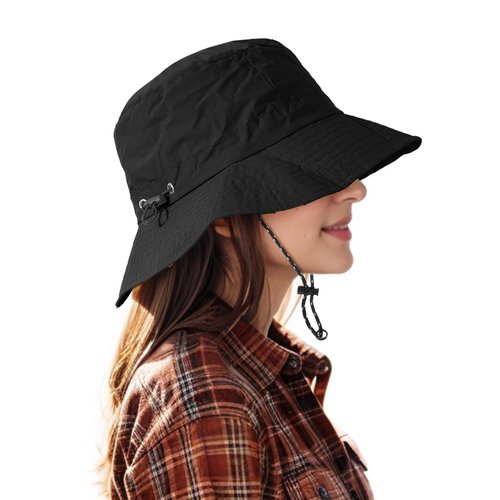 Waterproof Bucket Hat Women - UV Protection Rain Hats Ladies Packable Foldable Fishing Hat Outdoor Travel Hiking Black