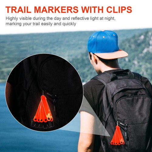 TOYMIS 24pcs Reflective Trail Markers, 4.06x0.51 Inch Trail Markers for Hiking Trail Markers for Trees Trail Marking Ribbon with Clips for Hunting Outdoor (Fluorescent Orange)