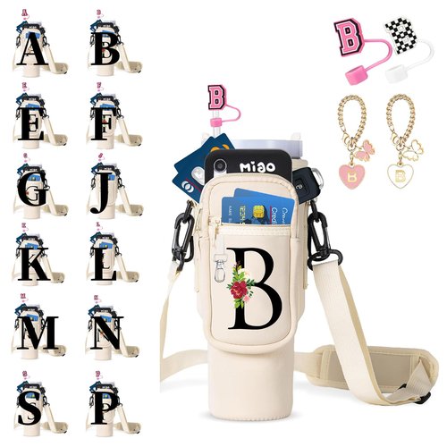 Water Bottle Holder with Strap for Stanley 40/30 oz Tumbler - Water Bottle Carrier Bag with Straw Cover and Decorative Chains, Personalized Gifts with Floral for Women/Girls/Stanley Cup Fans (B)