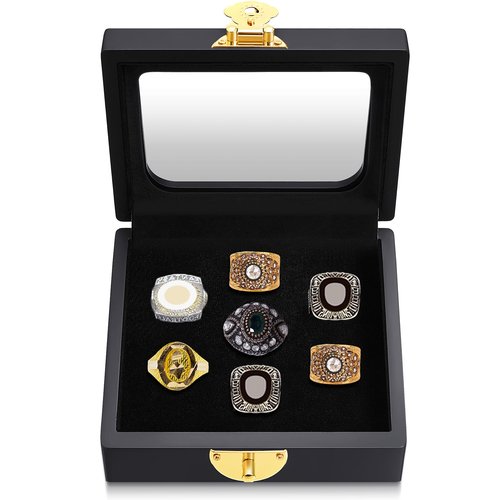 Equsion Championship Ring Display Case Flat Black Ring Display Case Box for Multiple Rings for Single Replica Baseball Softball Football Sports Souvenirs Ring Storage Organizer Wooden Box(7 Slots)