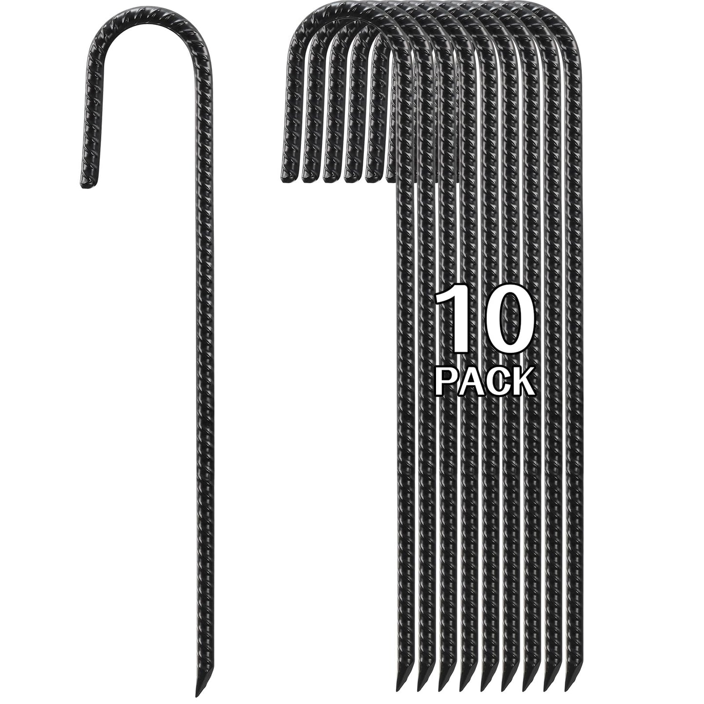 16 Inch Rebar Stakes Heavy Duty, 10 Pack J-Shaped Tent Stakes, Ground Anchor Stakes for Landscaping Plants Fabric Tube Fence, Black