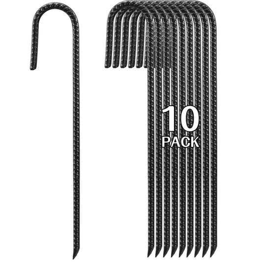 16 Inch Rebar Stakes Heavy Duty, 10 Pack J-Shaped Tent Stakes, Ground Anchor Stakes for Landscaping Plants Fabric Tube Fence, Black