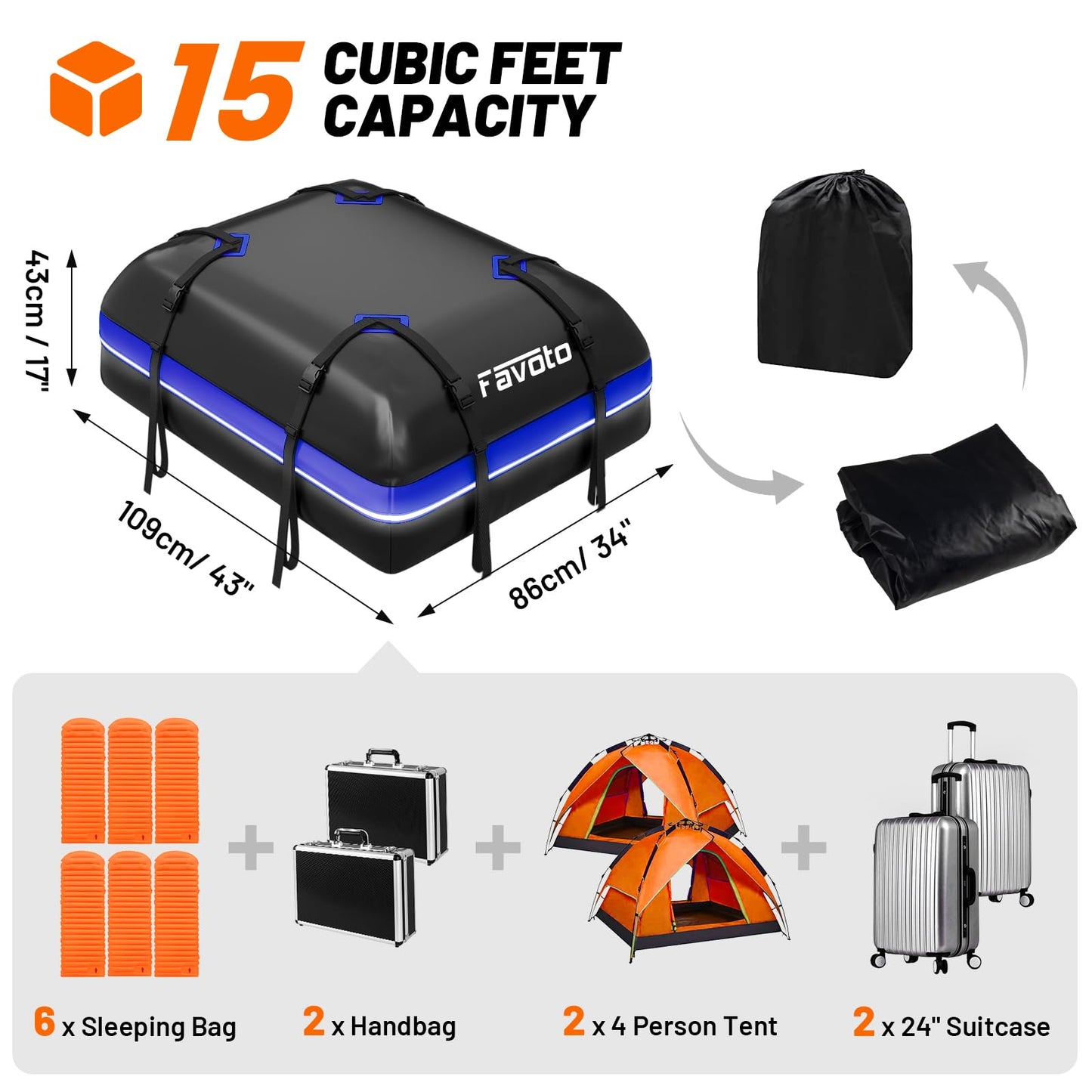 Favoto Car Roof Cargo Bag - 15 Cubic Feet Waterproof Carrier for Most Vehicles SUV/Sedan, 500D PVC Material with 8 Reinforced Straps & Anti-Slip Mat, Black & Orange, Black & Blue