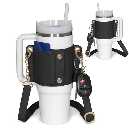 Leather Carrier Strap for Stanley 40 oz & 30 oz Tumbler with Handle |Water Bottle Holder with Adjustable Strap | Stanley Cup Accessories | Credit Card Holder | Keyring/Non-Slip Pad (Black)