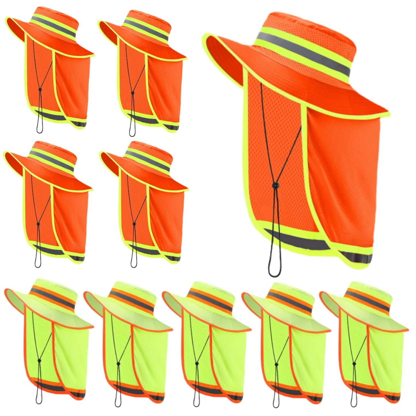 Jexine 10 Pcs High Visibility Reflective Hat with Neck Flap Safety Sun Hat for Men Bucket Cap Boonie Hats Bulk(Yellow, Orange)