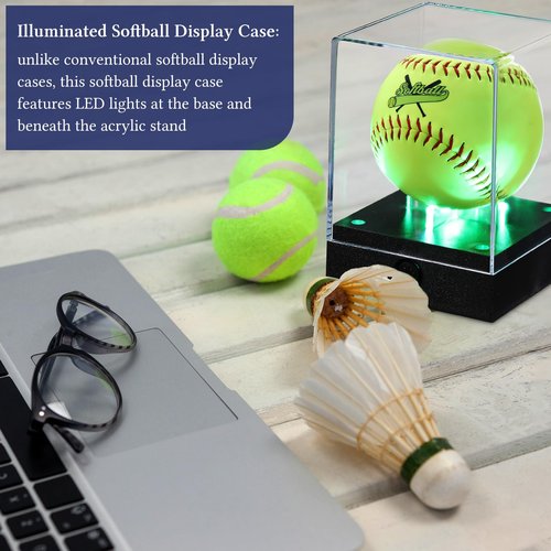 Colingmill 1 Pcs Softball Display Case with LED Light, Acrylic Light up Softball Display Case, UV Protected Clear Baseball Holder Cube for Memorabilia Fit 12'' Ball Baseball Golf Storage