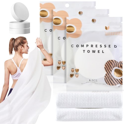 GXF 3 Packs Compressed Bath Towel Tablets, 56'' x 28'' Pure Cotton Portable Disposable Hypoallergenic Dehydrated Expandable Compact Compressed Towels Washcloths for Camping Swimming Traveling Hiking